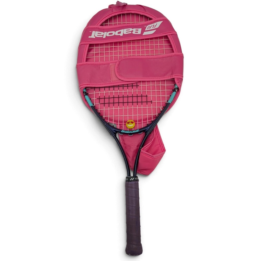Babolat B-Fly 25 Junior Tennis Racquet Blue Pink Cover Emoji Dampener 25 Inch